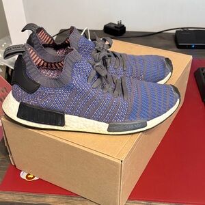 adidas Men's NMD R1 Primeknit Sneakers - Blue/Grey with Orange Accent